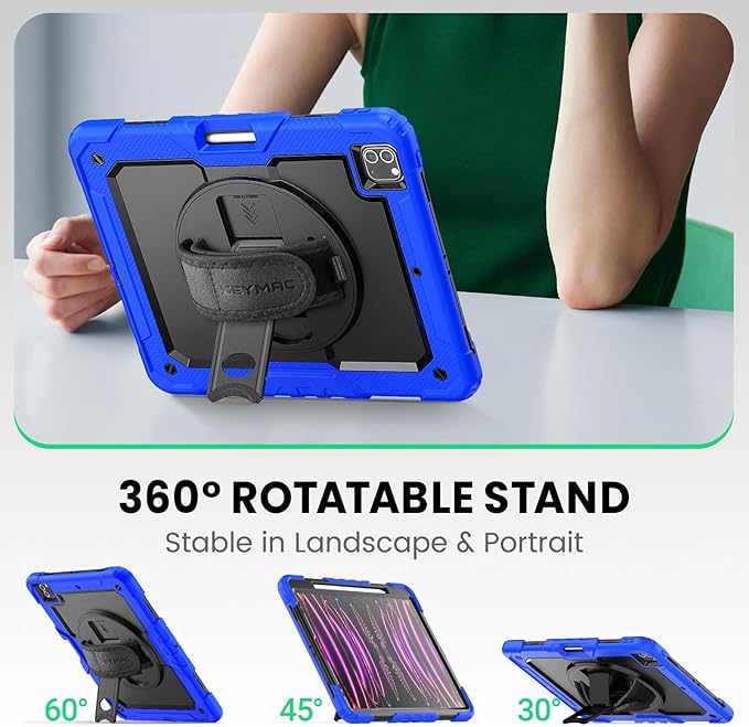 SEYMAC Case for iPad Pro 12.9 2022/2021/ 2020/2018, Heavy Duty Protection Shockproof Case with Screen Protector, 360° Rotating Stand/Handle/Shoulder Strap, Supports Pencil 2 Charging, Blue