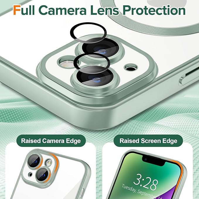 Hython Magnetic Clear for iPhone 14 Plus Case with Camera Lens Protector [Compatible with MagSafe] Luxury Plating Edge Slim Soft TPU Cover Protective Phone Case for iPhone 14 Plus 6.7", Matte Mint