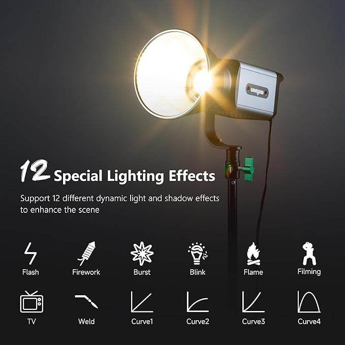 Weeylite Ninja 200 60W Bi-Color COB LED Video Light, 2800K-6800K Continuous Studio Lighting, CRI 95+ TLCI 95+, 0-100% Dimmable, 5800LM 70400Lux, App & Bluetooth Control, Portable Photography Light