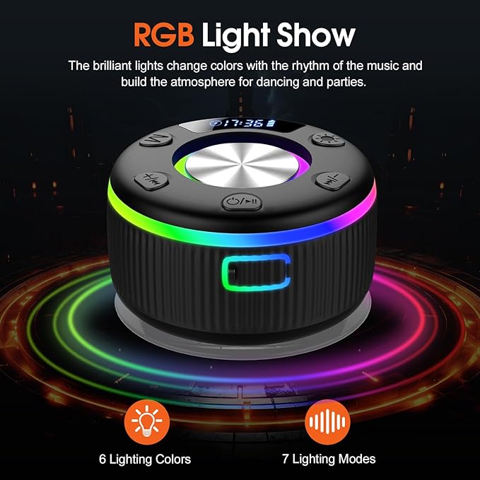 Bluetooth Shower Speaker, Portable Bluetooth 5.3 Speakers Wireless with Time Display, IP7 Waterproof Speakers with RGB Light, Suction Cup, Mini Stereo Speaker for Bathroom Party Travel Beach Outdoor