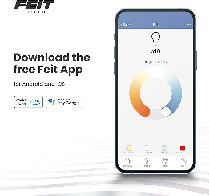 Feit Electric Smart LED Light Bulb, 40W Eq, Color Changing, Dimmable, Works with Alexa & Google Home, Wi-Fi Enabled, Straight Filament Glass Design, 90+ CRI, 15,000-Hour Lifetime, A1940/CL/RGBW/FIL/AG
