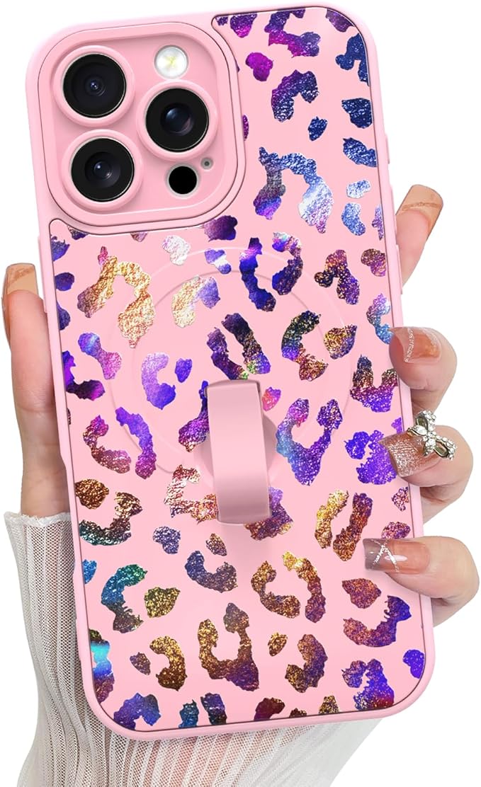 KANGHAR Compatible with iPhone 16 Pro Max Case, Support for MagSafe, Silicone Cute Iridescent Leopard Cheetah Pattern, Wristband Kickstand Shockproof Protective Slim Cover for Women Girls, Pink