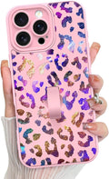 KANGHAR Compatible with iPhone 16 Pro Max Case, Support for MagSafe, Silicone Cute Iridescent Leopard Cheetah Pattern, Wristband Kickstand Shockproof Protective Slim Cover for Women Girls, Pink