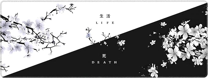 Black White Cherry Blossom Mouse Pad Japanese Sakura Death Life Flower Extended Desk Mat 80X30 cm Non-Slip Rubber Base Stitched Edge Large XL Playmat for Keyboard Gaming Laptop Desktop,31.5×11.8 Inch