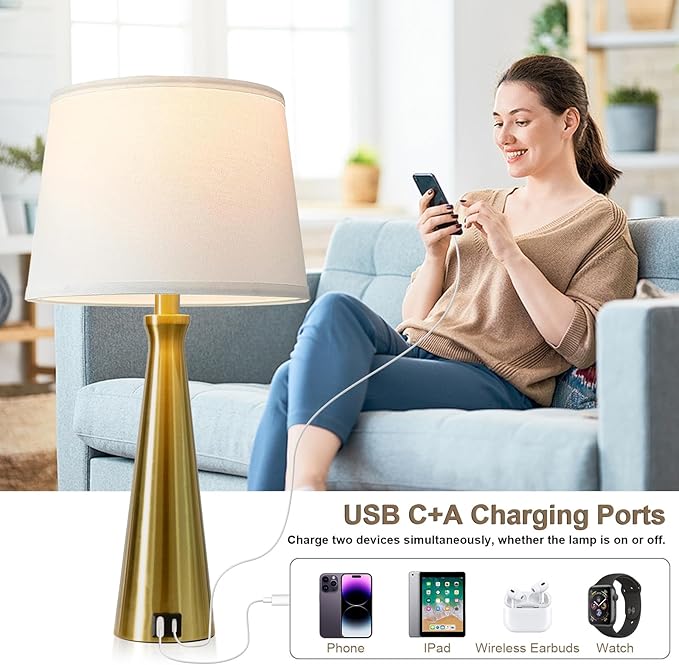 Seealle Modern Table Lamps Set of 2 - Touch Bedside Lamps for Nightstand with Dual USB C+A,3-Way Dimmable Gold Nightstand Lamps for Living Room Bedroom (Bulb Included)