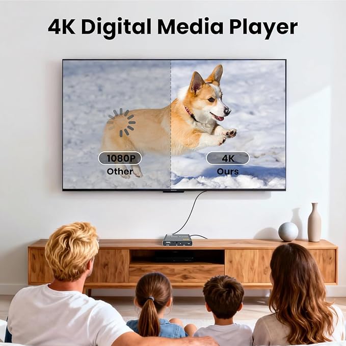4K Digital Media Player, TV MP4 Video Player with HDMI/AV Output, Digital Signage Mini HD Media Players for USB Drives/SD Cards, H.265/HEVC, Looping, Auto Playback, Grey