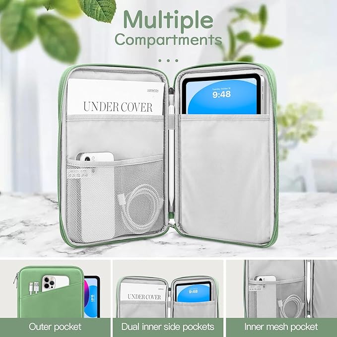 Dadanism 9-11" Tablet Sleeve Bag Carrying Case for iPad (A16) 11th Gen 11", iPad 10th Gen 10.9" Air 5/4, iPad Air M4/Pro 11", iPad 9/8/7th, Galaxy Tab A11+ Plus 11", Remarkable 2 10.3", Dark Green