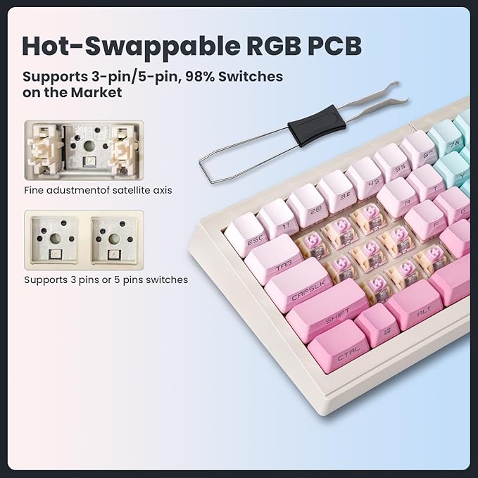 ZORNHER ST68 Wireless Ergonomic Split Mechanical Keyboard,65% Pink & Blue Custom Creamy TKL Keyboard with Knob,Lighted Up PBT Keycaps,Pre-lubed Linear Switches,Hot-Swappable,RGB Backlit