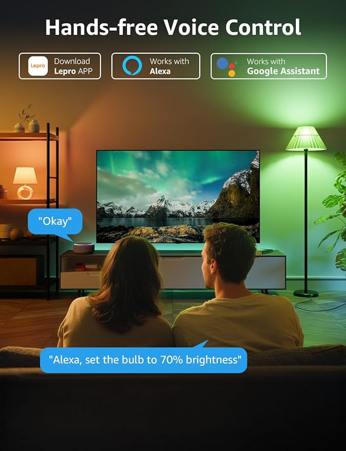 Lepro B1 AI Smart Light Bulbs - WiFi & Bluetooth RGBWW Color Changing LED Bulb Works with Alexa & Google Assistant, Personalized Al Lighting Designer, AI Voice Control, Music Sync, 2.4GHz Only, 8 Pack
