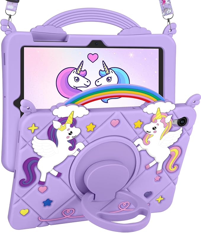 Uppuppy for Samsung Galaxy Tab S10 FE/S9 FE Case- Cute Girls Kawaii Cover Girly 3D Cartoon Teen with Rotating Stand & Strap Purple Soft Silicone for Tab S10FE/S9FE 5G 10.9 Inch Tablet Cases