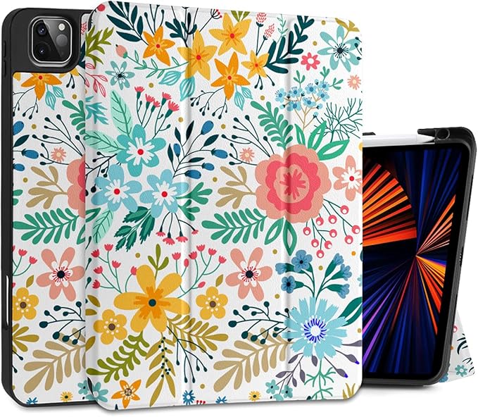 DONGKE Case for iPad Pro 12.9 inch 6th Generation 2022, Built-in Pencil Holder + Trifold Stand + Auto Wake/Sleep + Protective Cover for iPad Pro 12.9 5th/4th/3rd Gen - Flower