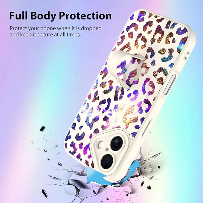 KANGHAR Compatible with iPhone 16 Case, Support for MagSafe, Silicone Cute Iridescent Leopard Cheetah Pattern, Wristband Kickstand Shockproof Protective Slim Cover for Women Girls, White