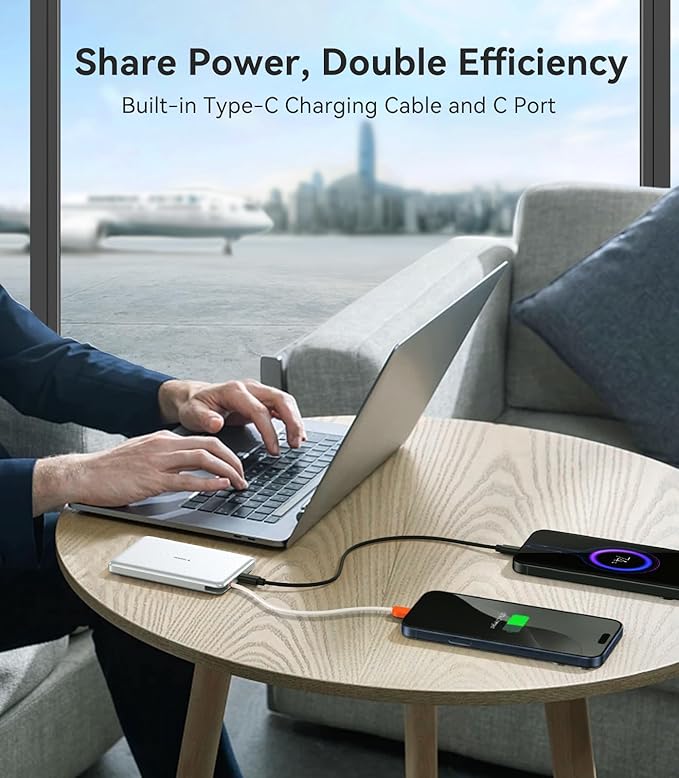 TORRAS Power Bank with Built-in USB-C Cable (No-Wireless), Ultra-Slim 10,000mAh Portable Charger USB C, 22.5W Fast Charging Battery Pack for iPhone 17/16/15 Series, Phone air, Galaxy, Pixel, White