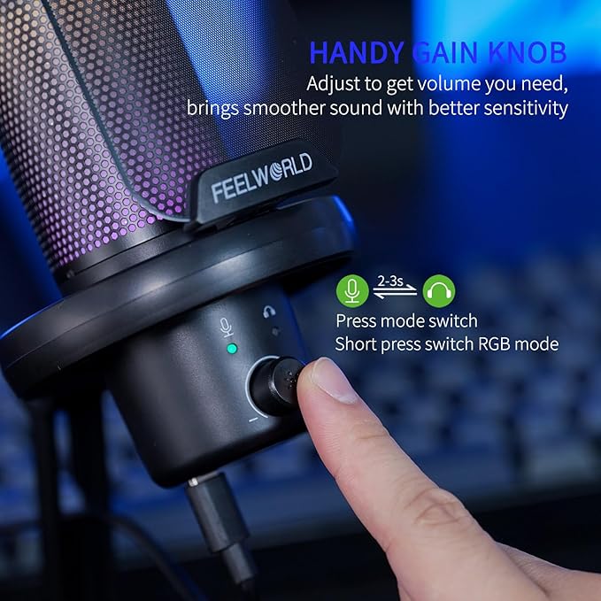 FEELWORLD VM1 Gaming PC USB Microphone Condenser Mic with Noise Cancellation Mute RGB Light, Computer Accessories Gifts for Gamer YouTube Twitch Podcast Streaming Recording Online Chat PS4 PS5