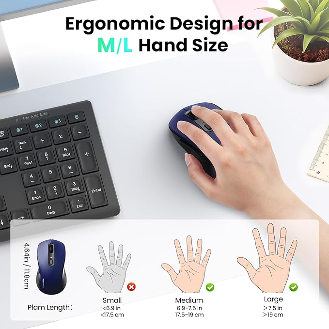TECKNET Rechargeable Bluetooth Mouse, [ USB + BT5.0 + BT3.0 ] Wireless Mouse, Ergonomic Design, Silent Click, 6-Level 4800 DPI Wireless Mice, 3-Device Switching for Laptop, Computer, MacBook（Blue）