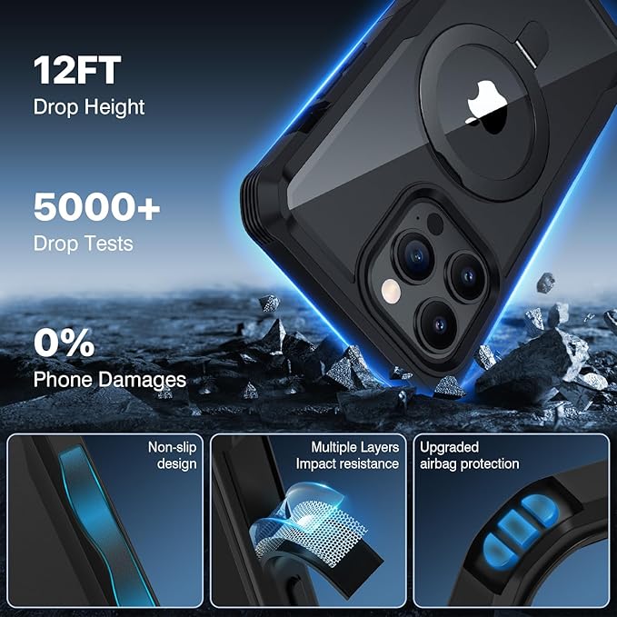 CENHUFO Privacy for iPhone 15 Pro Case, Full Body Phone Case [Compatible with Magsafe] Built-in 9H Tempered Glass Privacy Screen Protector and Magnetic Ring Stand, Clear Camera Lens Cover - Black
