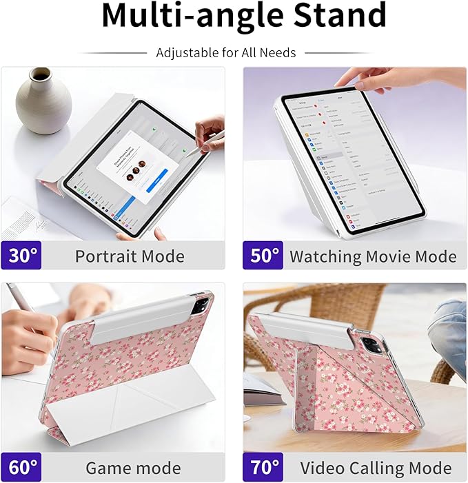 Case for iPad Air 13 Inch M3 (2025)/ M2 (2024) Chip, iPad Pro 12.9” 6th/5th/4th/3rd Generation Case, Origami Trifold Multi-Angle Stand, Magnetic Flap, Full-Protection Cover, Pink Ditsy Floral