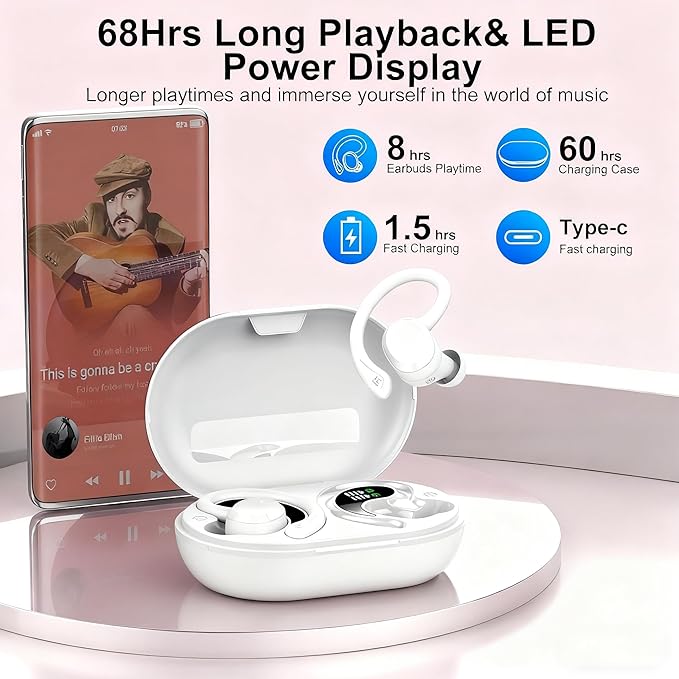 sprtoybat Wireless Earbuds, 2026 New Bluetooth 5.4 Headphones Sport Earphones with 68Hrs Playtime LED Display ENC Noise Cancelling Mic, IPX7 Waterproof Over Ear Ear Buds with Hook for Sports/Running