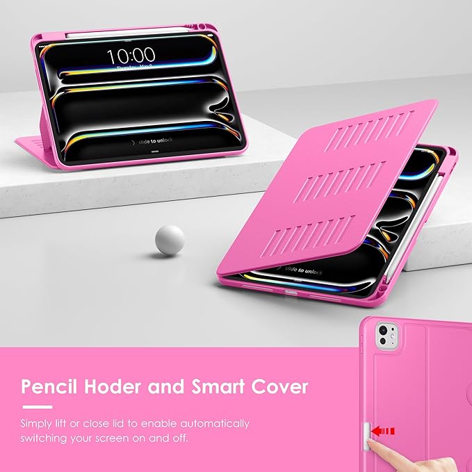VIKESI Case for iPad Pro 11 inch (M5/M4) 2025/2024,Multiple Angles Magnetic Stand Cover,Shockproof Back,Pencil Holder,and Auto Sleep/Wake,Rose