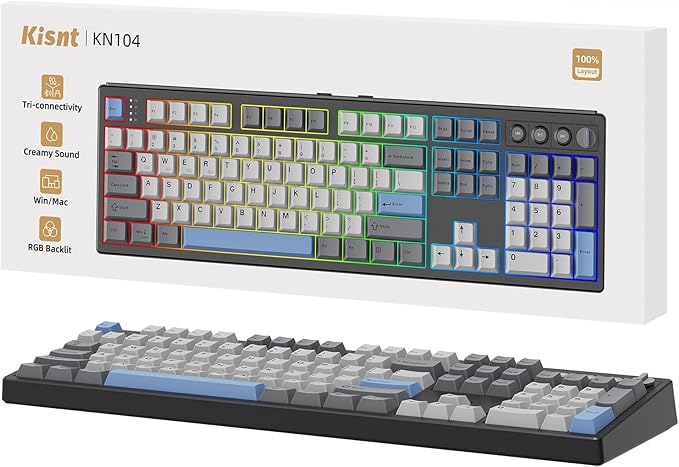 Kisnt KN104 Wireless Mechanical Gaming Keyboard, 100% Full Size 104 Keys with Number Pad, Custom RGB Backlit, Creamy Sound, Hot Swappable, Bluetooth/2.4GHz/USB-C for Win/Mac/PC (Carbon Black)