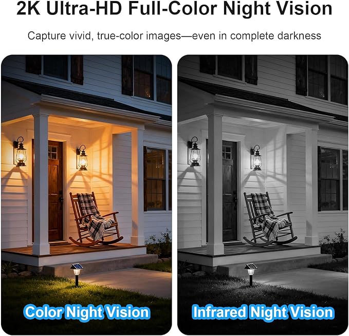 Solar Security Cameras Wireless Outdoor, WiFi Cameras for Home Security, 360° View Outdoor Camera Wireless, 2K Color Night Vision, AI Motion Detection, Instant Alert, 2-Way Audio, Cloud/SD Storage