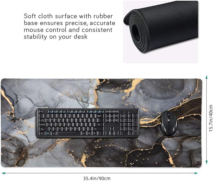 Marble Mouse Pads XXL Extended Mousepad with Stitched Edges Grey and Black Marbling Non-Slip Rubber Base Computer Keyboard Pad Desk Mat for Home Office Desk Decor, 35.4" X 15.7"