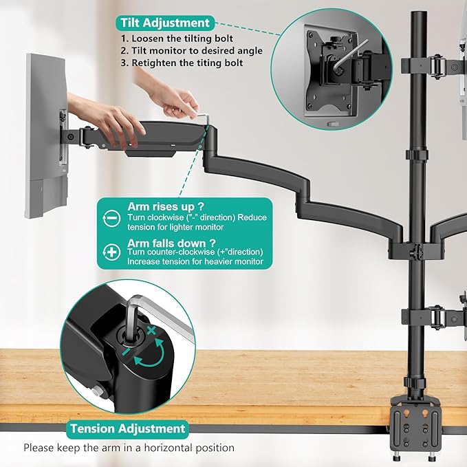 WALI Quad Monitor Mount for 13-27 inch Screens, Extra Tall 4 Monitors Desk Mount, up to 19.8lbs, 32.2 inch Height Max, Fully Adjustable 4 Monitor Arms, VESA 75/100mm (GSDM004S), Black