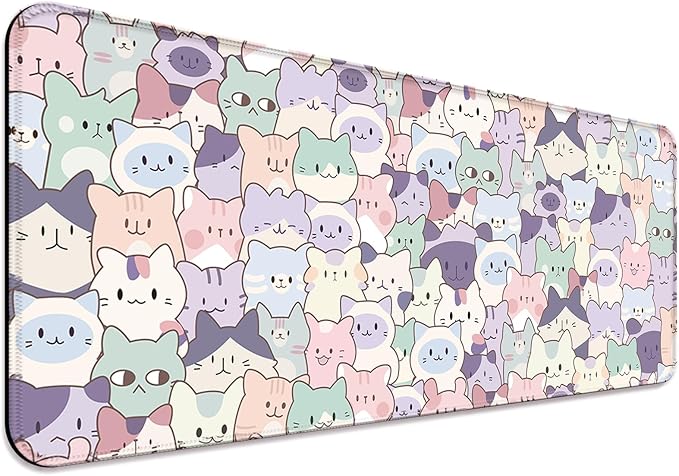 Cute Pink Cat Gaming Desk Mat, Computer Keyboard Large Extended Kawaii Pastel Cat Mouse Pad for Office and Home, 31.5×11.8 Inches, XL