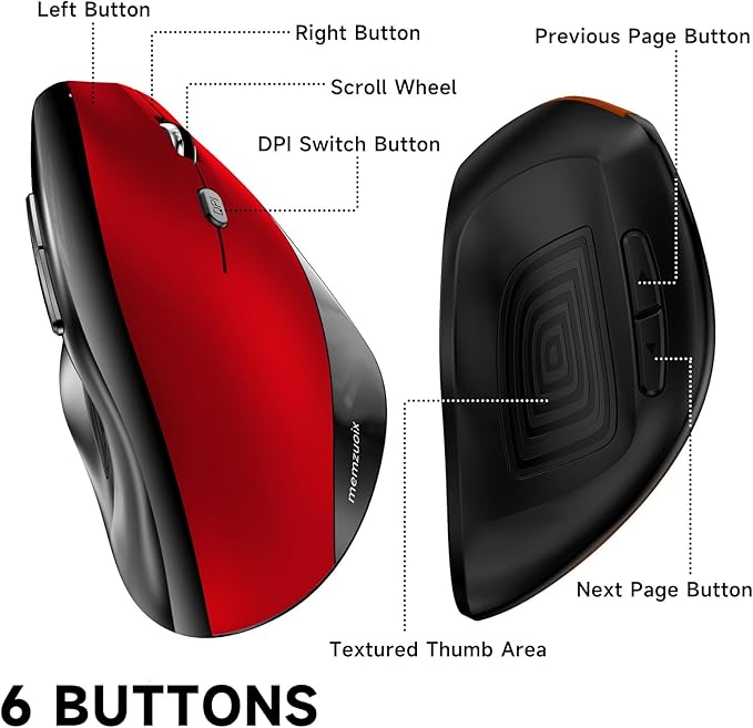 memzuoix Ergonomic Wireless Mouse, 2.4G Optical Cordless, 800/1200/1600 DPI, Vertical Computer Mouse for Laptop, Mac, PC, Desktop (Right Hand, Large) - Red