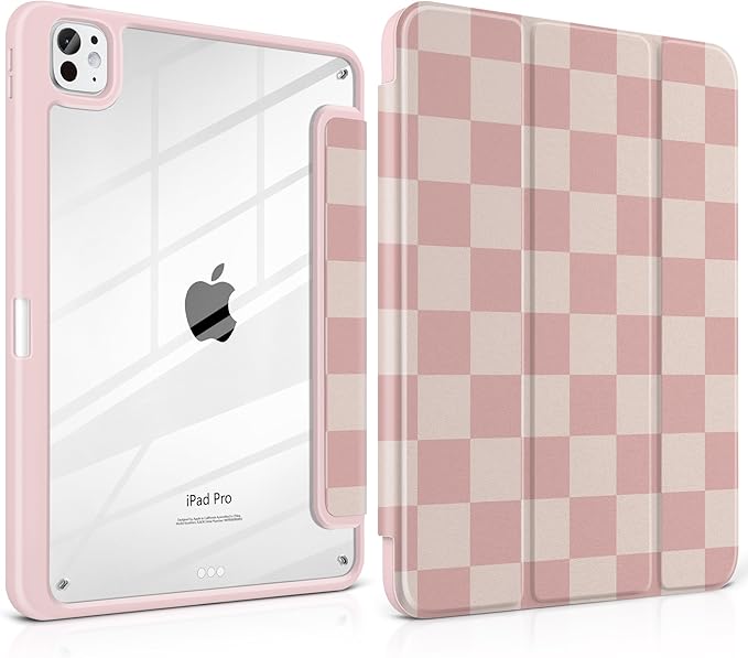Case for iPad Pro 11 inch (M5) 2025 (M4) 2024 Release with Pencil Holder - Aesthetic Cute Preppy Design Trifold Cover with Soft TPU Bumper Clear Back Auto Sleep/Wake for Girls Women, Lattice