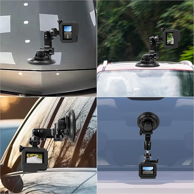 PULUZ Car Suction Cup Mount for GoPro/Insta 360/DJI Osmo Action Camera Vehicle Window & Windshield Mount Holder Camera Mount with 2.3-3.3 inch Phone Clamp & Tripod Adapter