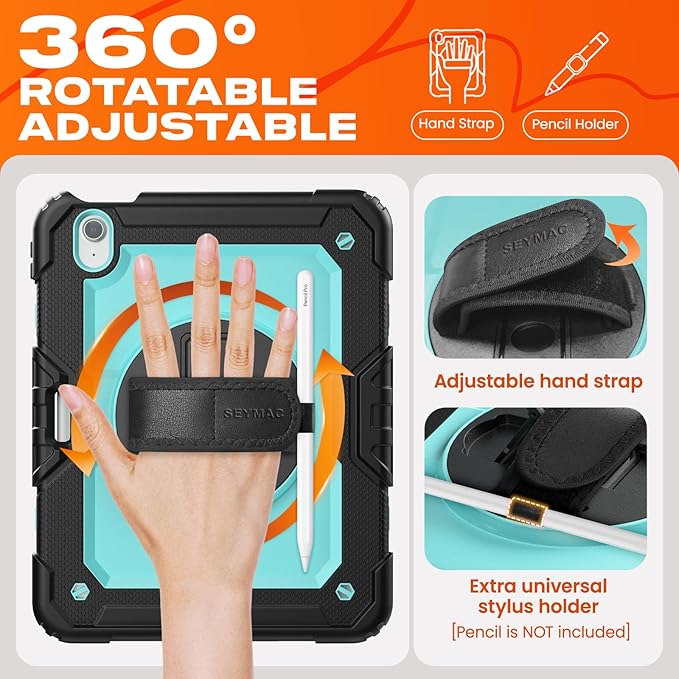 SEYMAC stock Case for iPad Air 11-inch M4-M2 2026-2024 (Gen 8-6), Shockproof Heavy Duty Case with Screen Protector, Pencil Holder, Rotating Stand, Hand Strap, Shoulder Strap, SkyBlue