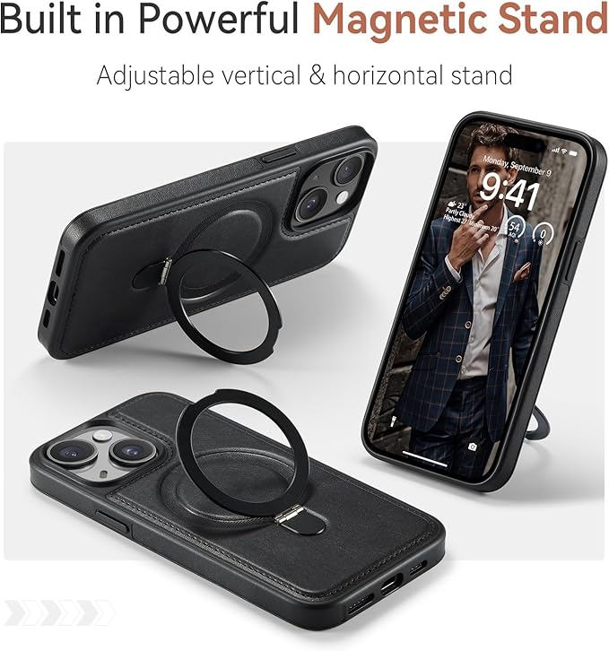 for iPhone 14 Plus Case with Stand Compatible with Magsafe Slim PU Leather & Durable TPU Drop Proof Magnetic Kickstand Protective Cover with Tempered Glass Screen Protector 6.7", Black