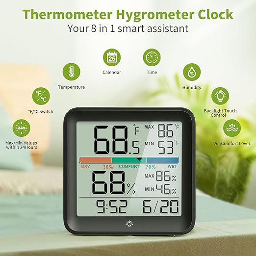 Indoor Thermometer Room Temperature Home Hygrometer Humidity Gauge, Accurate Calibration, Backlight, Air Comfort Indicator, Max Min Records, Time, Date (1, Black, 3.6" W x 3.4" H)