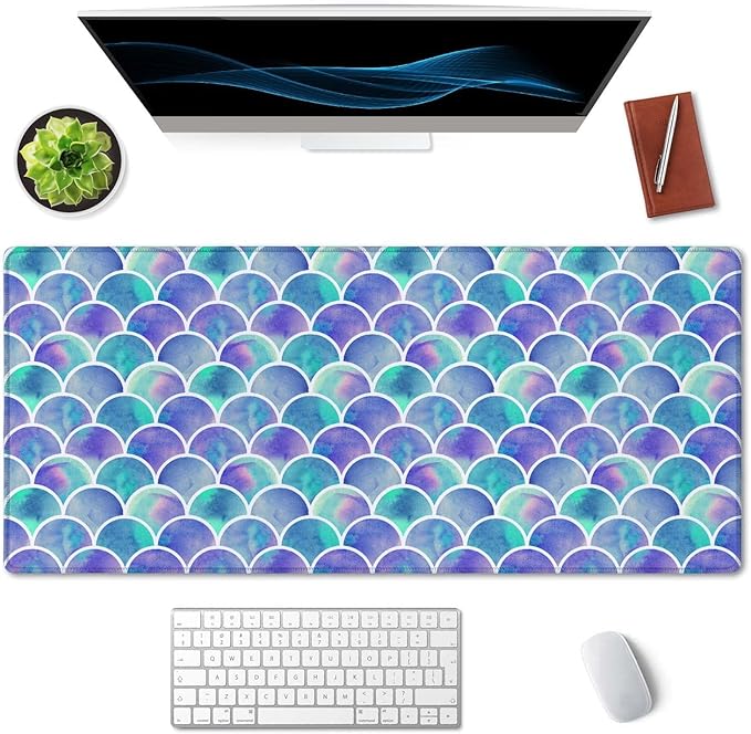 SSOIU Desk Mat, Extended Gaming Mouse Pad 35.5x15.7 in, Large Non-Slip Rubber Base Mousepad with Stitched Edges, Waterproof Keyboard Mouse Mat Desk Pad for Work, Game, Office -Watercolor Mermaid Scale
