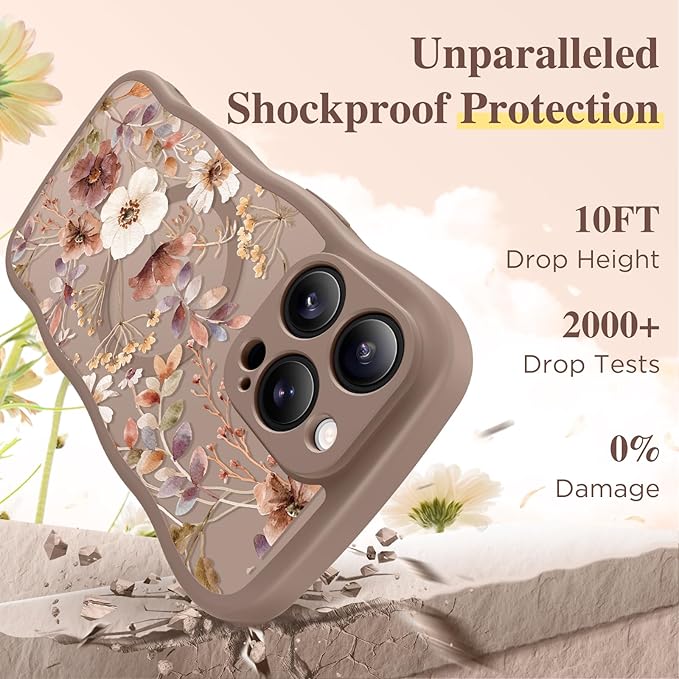 GVIEWIN for iPhone 16 Pro Max Case Compatible with MagSafe [Curly Wave Edge][Full Camera Protection] Floral Translucent Shockproof Magnetic Women Phone Case for 16 Pro Max, Corn Poppy/Brown