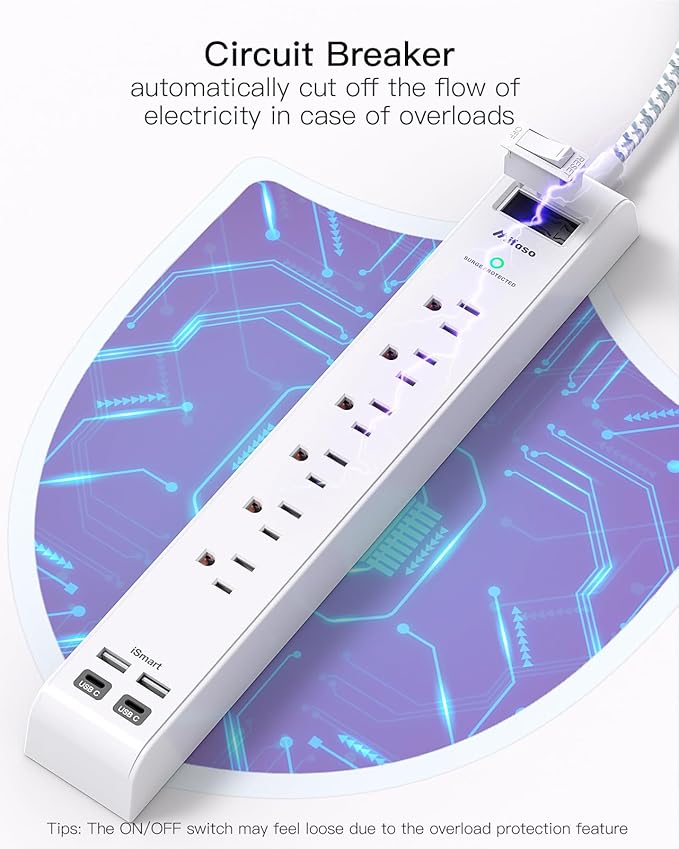 2 Pack Power Strip Surge Protector - 6 Outlets 4 USB Charging Ports, 5Ft Braided Extension Cord, Flat Plug, Overload Protection, Wall Mount for Home Office, Dorm Room Essentials White
