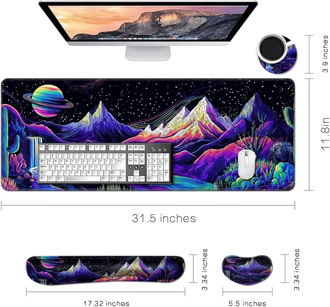 Desk Mat, Large Gaming Mouse Pad with Wrist Rest, 4 in1 XXL Mouse pad+Keyboard Wrist Rest+Mouse Pad Wrist Support+Cup Coaster Set, Ergonomic Desk Pad for Home Office, Neon Landscape