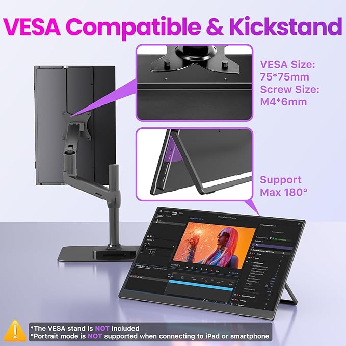 Upperizon Portable Monitor 16 inch 2K QHD 2560X1600 145% sRGB 144 Hz HDR HDMI USB-C Travel Monitor for Laptop MacBook PC Surface PS5 Xbox, External Display with Kickstand & Speakers, VESA Compatible