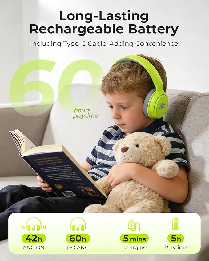 seenda Active Noise Cancelling Headphones for Kids, HEO-303 Bluetooth 5.4 60H Playtime Type C Fast Charging, 74/85/94 dB Safe Volume Limit Headset with Mic for Ipad, Airplane, Travel, Green