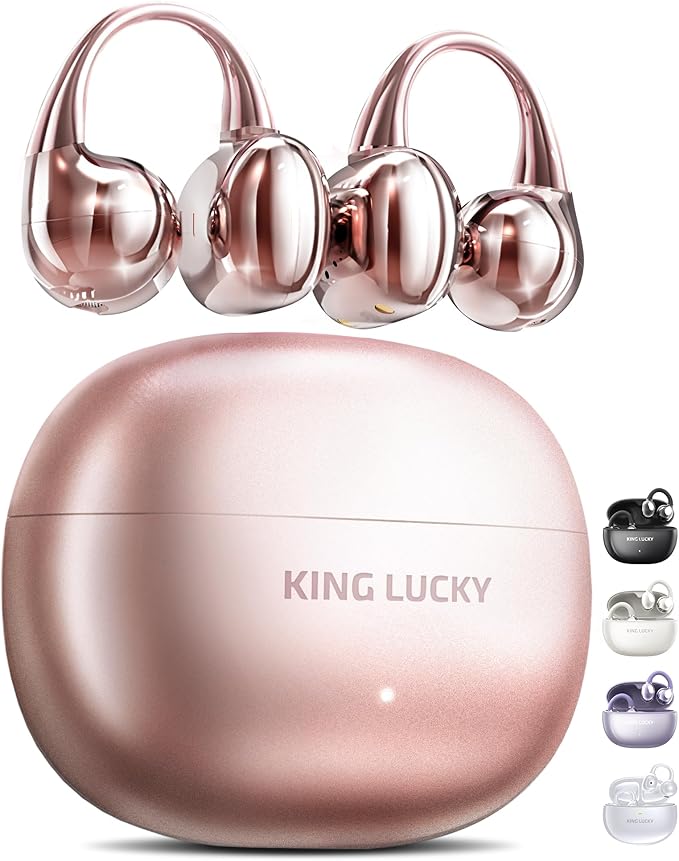 King Lucky Clip-On Earbuds Gen 3, Open-Ear Wireless Bluetooth 6.0 Headphones with Mic, Secure Fit for Small Ears & Glasses Wearers, 50H Playtime, ENC, IPX5 Waterproof Sport Ear Buds (Pink)