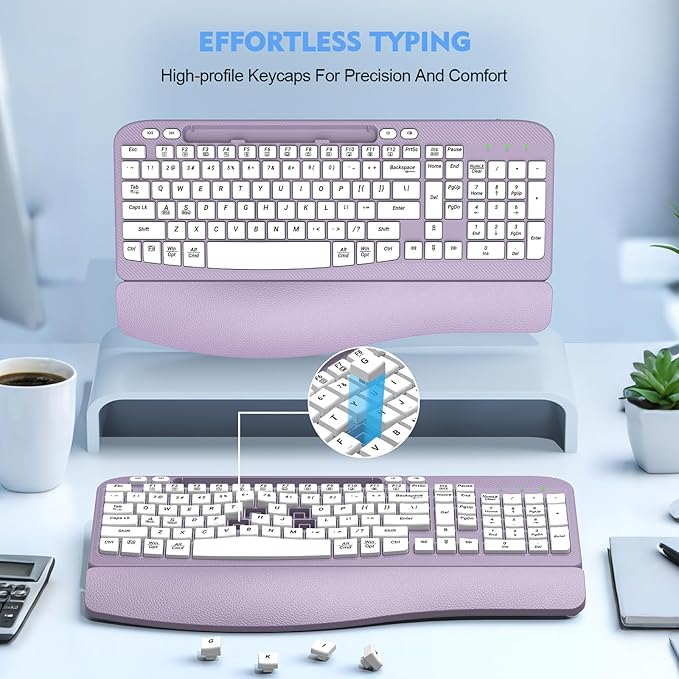 Ergonomic Wireless Keyboard with Cushioned Wrist Rest, Wave Keys, Phone Holder, Comfortable Natural Typing, 2.4GHz Full Size Cordless USB Computer Keyboard for Windows, Mac OS, Laptop, PC (Purple)
