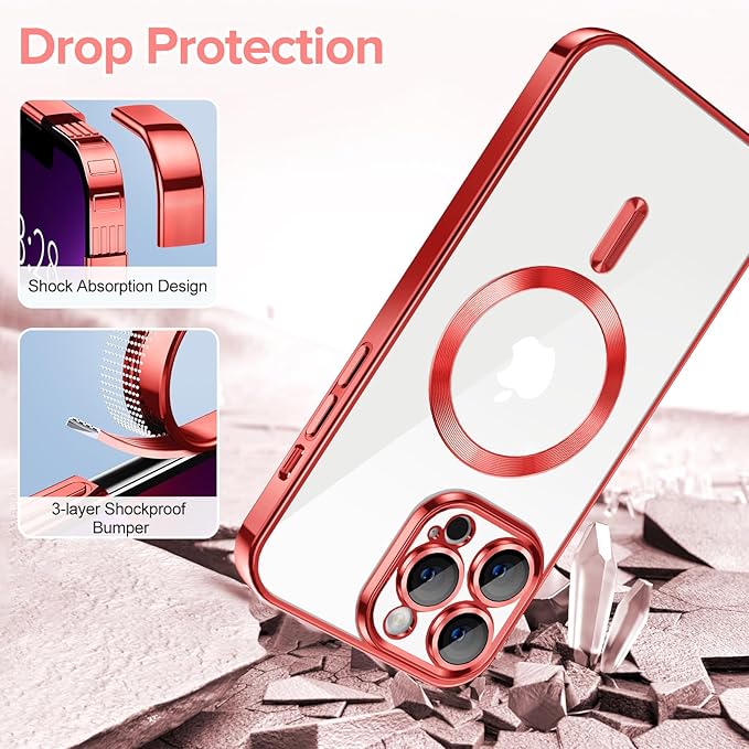 Hython Magnetic Clear for iPhone 13 Pro Case with Camera Lens Protector [Compatible with MagSafe] Luxury Plating Edge Slim Soft TPU Cover Protective Phone Case for iPhone 13 Pro 6.1", Red