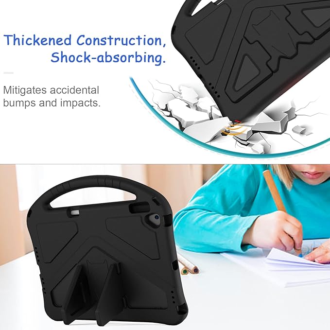 Kids Case for iPad 7th 8th 9th Gen/Air 3rd Gen/Pro 10.5", Techcircle Lightweight Shockproof EVA Foam Rugged Handle Stand Anti-Slip Grip Protective Case with Pencil Holder, Black