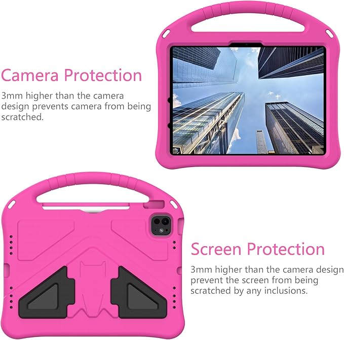 Kids Case for iPad Air 11 inch M4/M3/M2 (2026/2025/2024) & iPad Pro 11 inch M5/M4 (2025/2024) with Pencil Holder/Handle Kickstand/Lightweight Soft EVA Shockproof Boy Girl Stand Cover, Rose