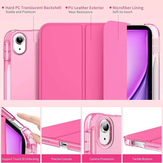 MoKo for iPad Air 11 inch Case (M4/M3/M2) 2026/2025/2024, iPad Air 5th/4th Gen 10.9 inch Case 2022/2020 with Pencil Holder, Slim Light Trifold Cover with Hard PC Translucent Back Shell, Persian Pink