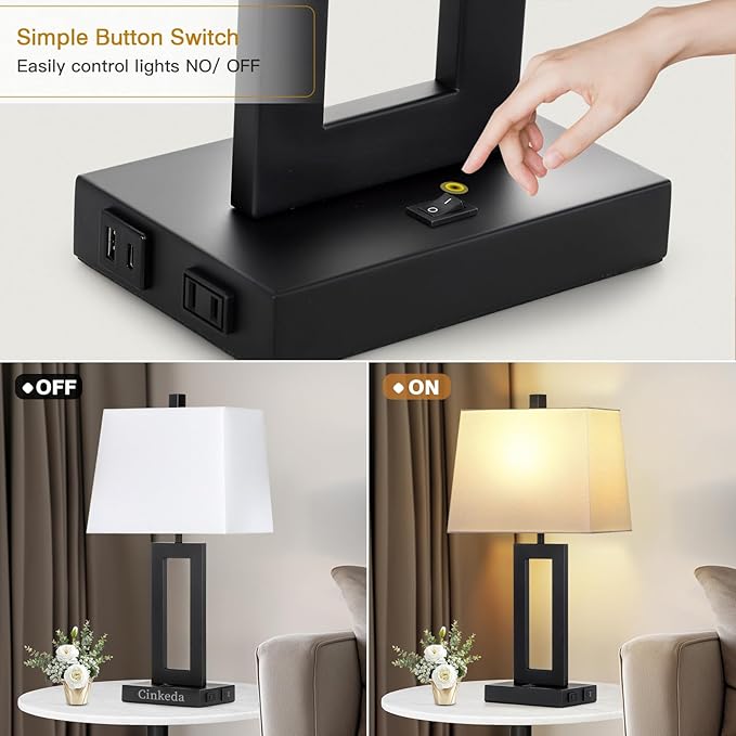 Cinkeda Table Lamp Set of 2 with USB C+A Ports & AC Outlet, Bedside Lamps, Modern Bedroom Lamps, Black Lamps for Bedroom Living Room,Nightstand Lamp（Push Button Swich/NO dimming