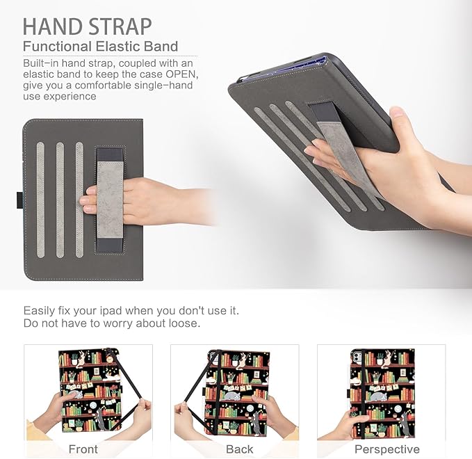 iPad Pro 13 inch Case (M5) 2025, Case for iPad Pro 13-inch (M4) 2024 with Pencil Holder Multi-Angle View Adjustable Stand Shockproof Protective with Pocket/Hand Strap/Auto Wake Sleep, Bookshelf Cat
