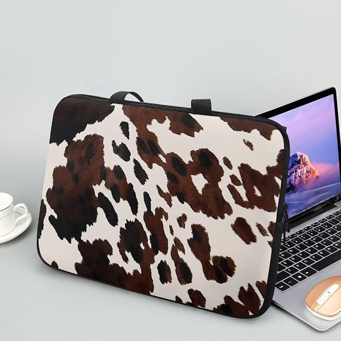 Cow Print Brown 12 Inch Laptop Sleeve, Laptop Cover Computer Bag Tablet Carrying Case with Handle, Waterproof Zipper Tote Bags Notebook Sleeves Handbag Messenger Briefcase