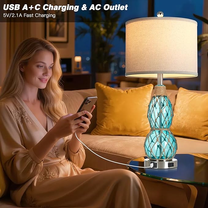 Rinweey 26" Coastal Glass Table Bedside Lamps Set of 2, 3-Way Dimmable Touch Lamps with USB Ports and AC Outlet, Nautical Nightstand Lamps for Bedroom Living Room,Teal